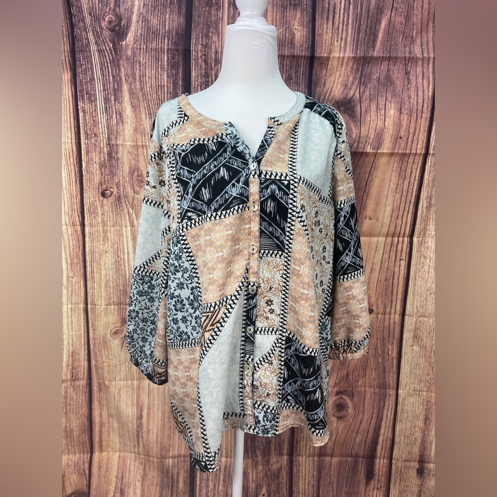 Investments patchwork design boho V-neck 3/4 sleeve paisley floral blouse size L